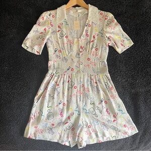 Maje Graphic-Print Lace-Trimmed Woven Playsuit